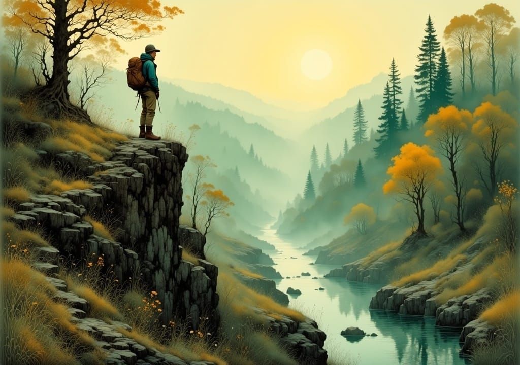 Serene River Valley Landscape in Warm Golden Light