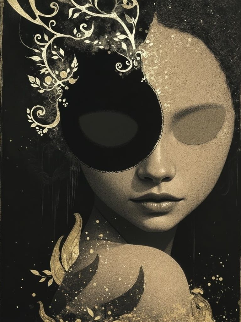 Woman in Gilded, Swirling Foliage Amidst Halloween Colors