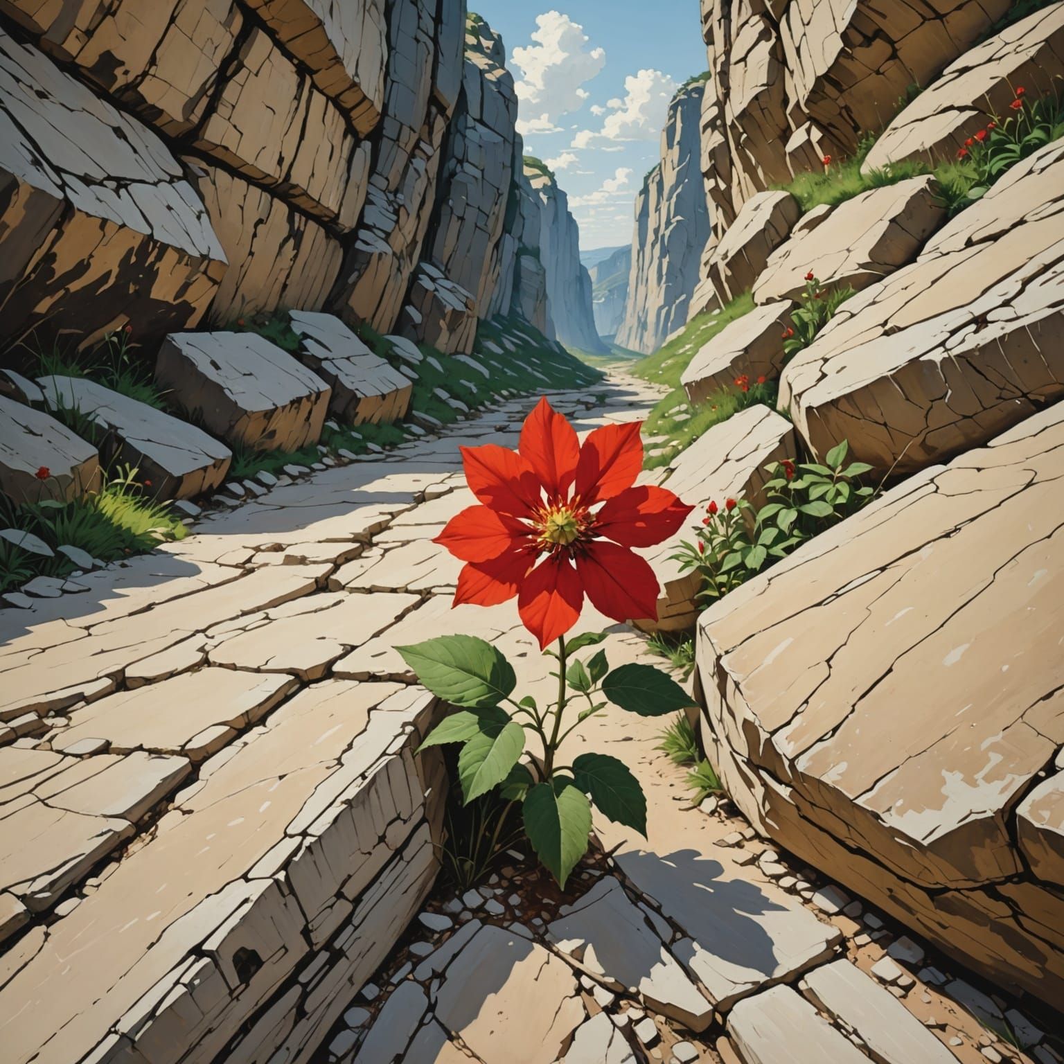 Red Flower Growing Among Rocks