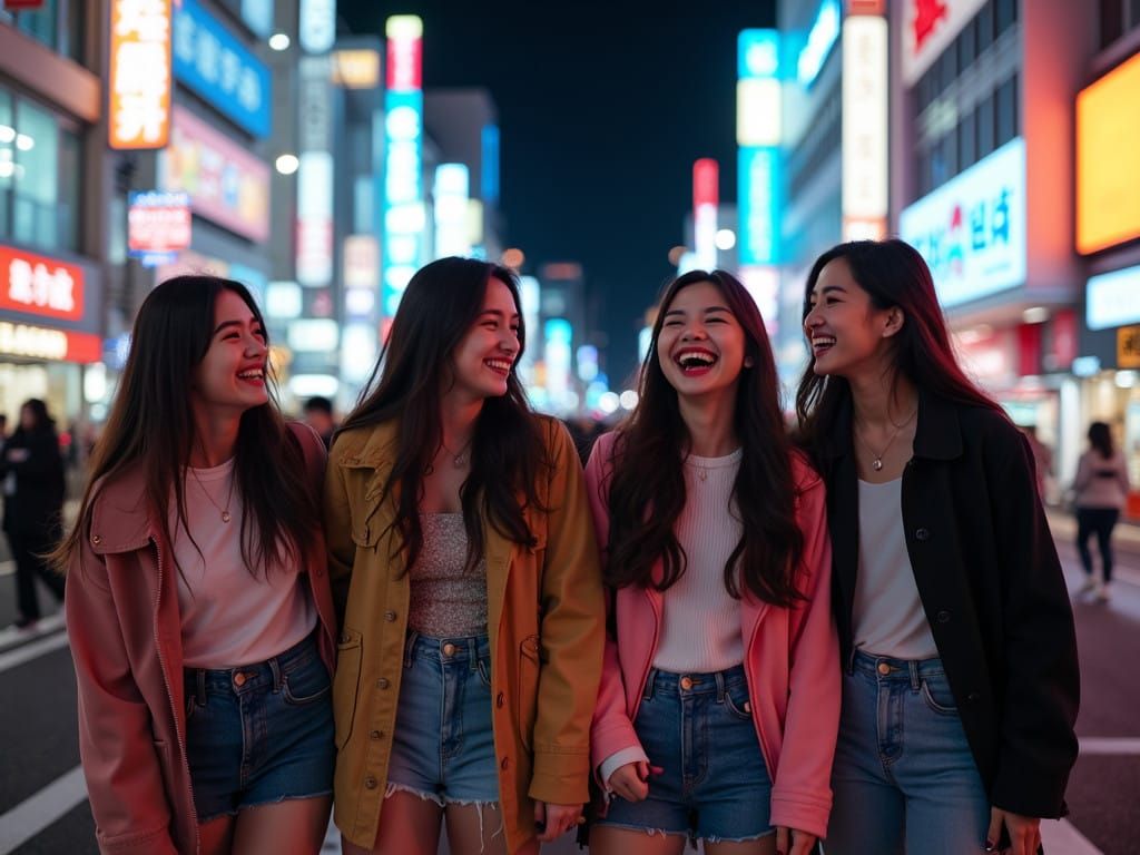 Trendy Friends Stroll Through Neon-Lit Shibuya at Night