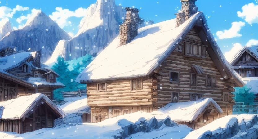 Surreal Winter Village Amidst Snowy Mountains in Anime Style