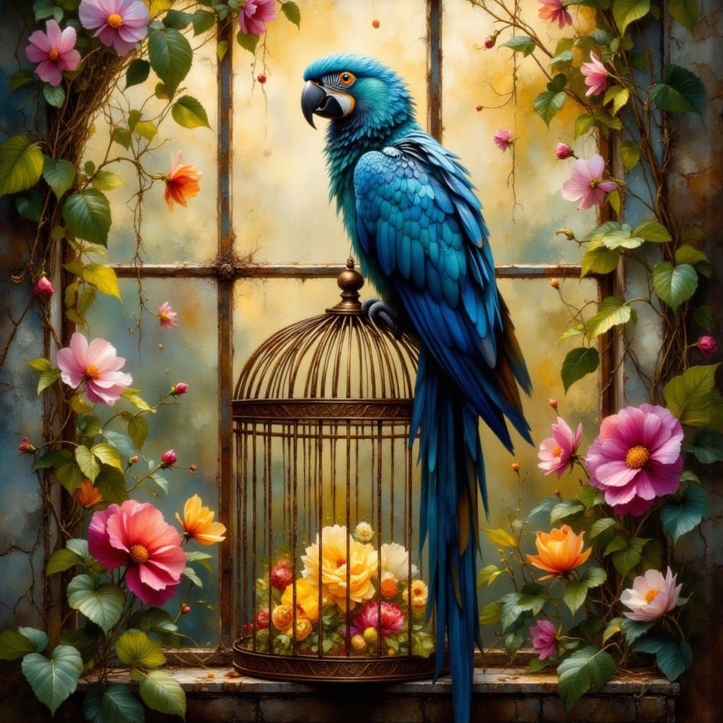 Blue Macaw on Rusted Birdcage in Sunlit Greenhouse