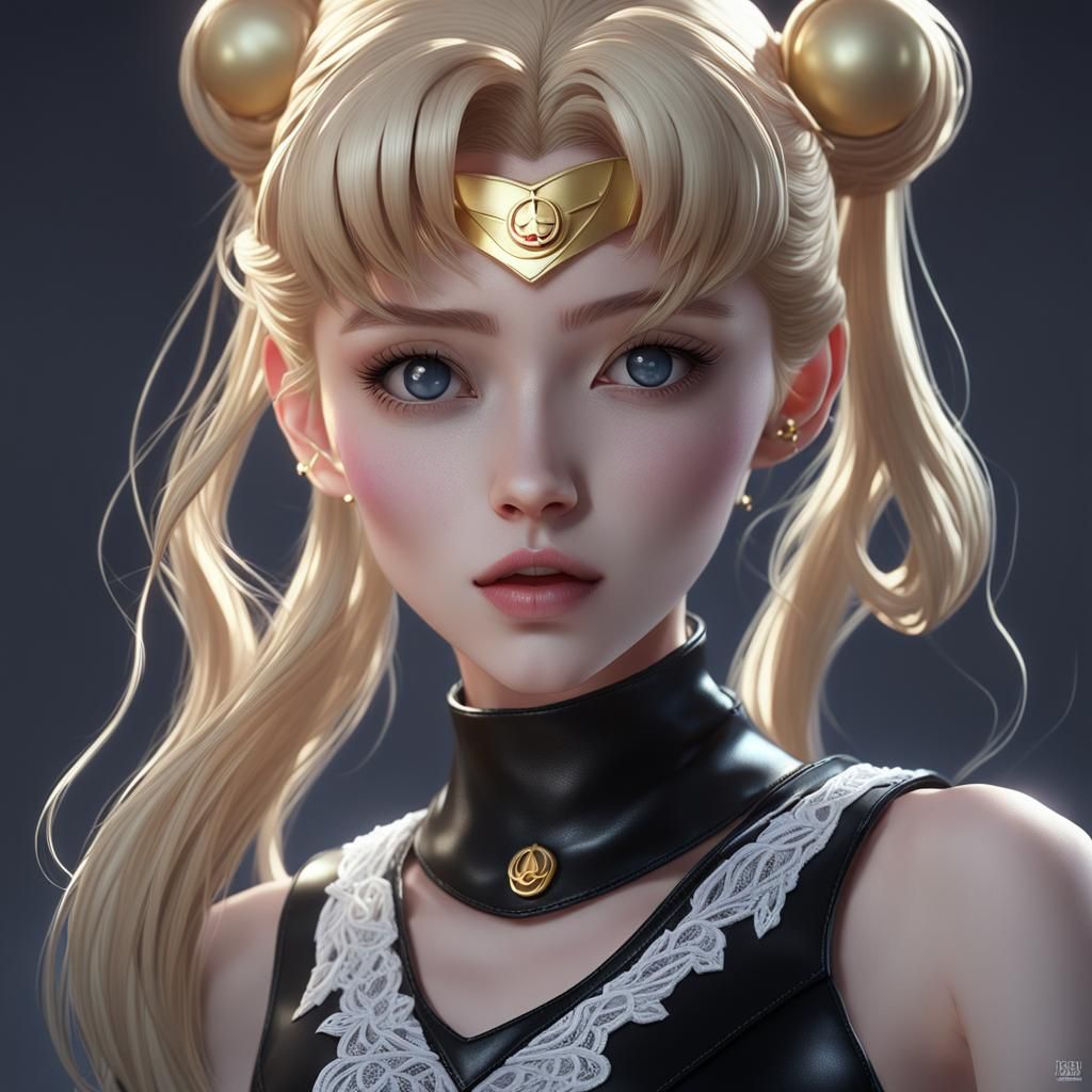 Sailor Moon in skin-tight black leather lace dress