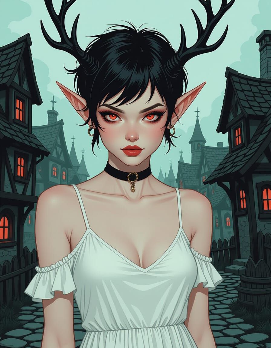 Antlered Traveler in Dark Fantasy Village Illustration