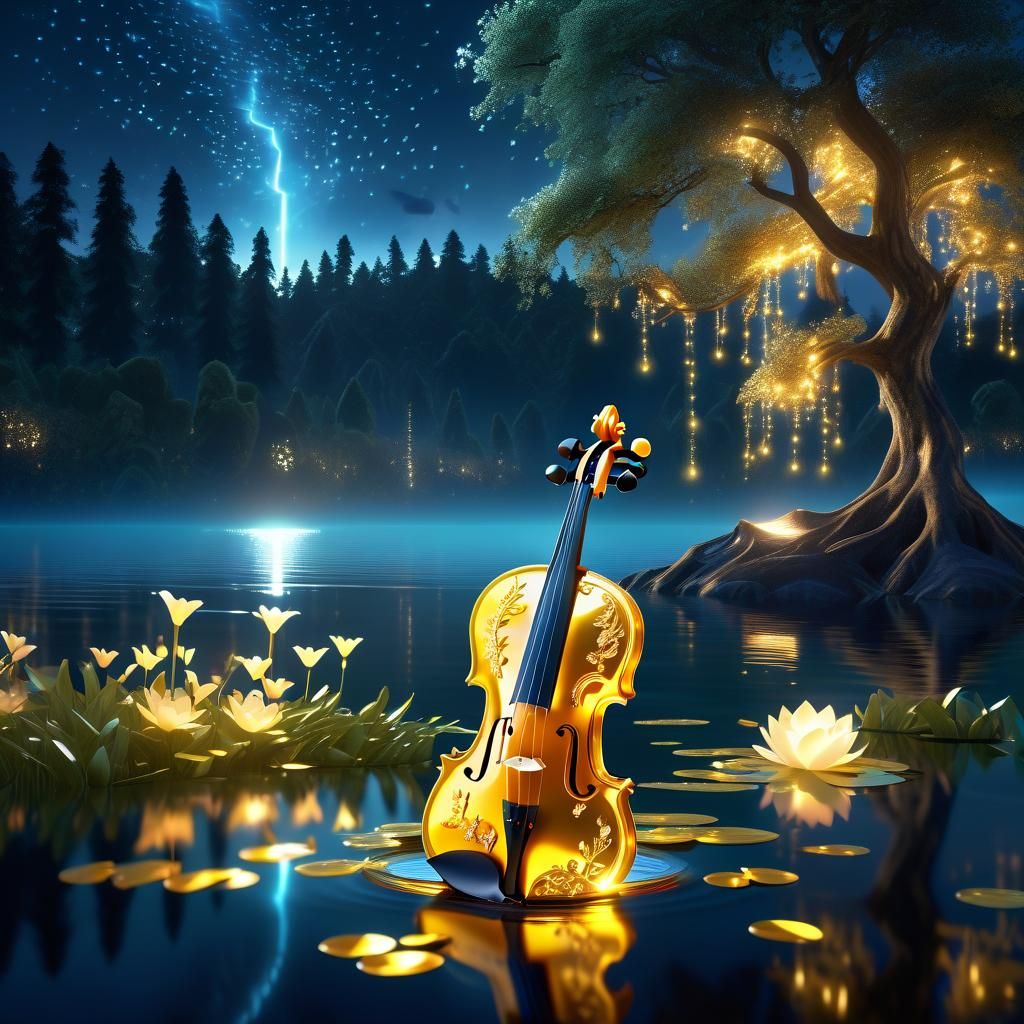 Glowing Violin on Moonlit Lake, Hyperdetailed Concept Art