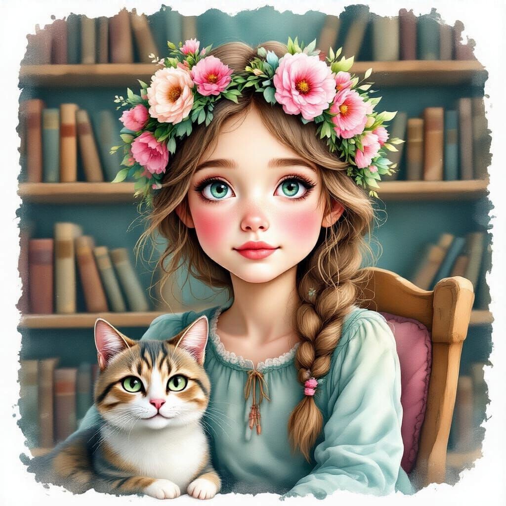 Girl with Floral Crown and Cat in Cozy Library