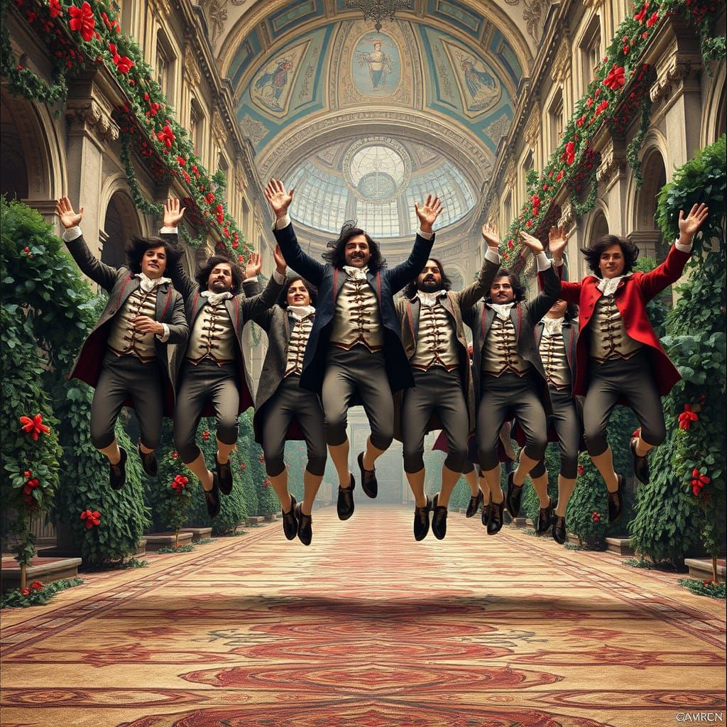 Ten Dapper Lords Leap in Unison Amidst Baroque Splendor