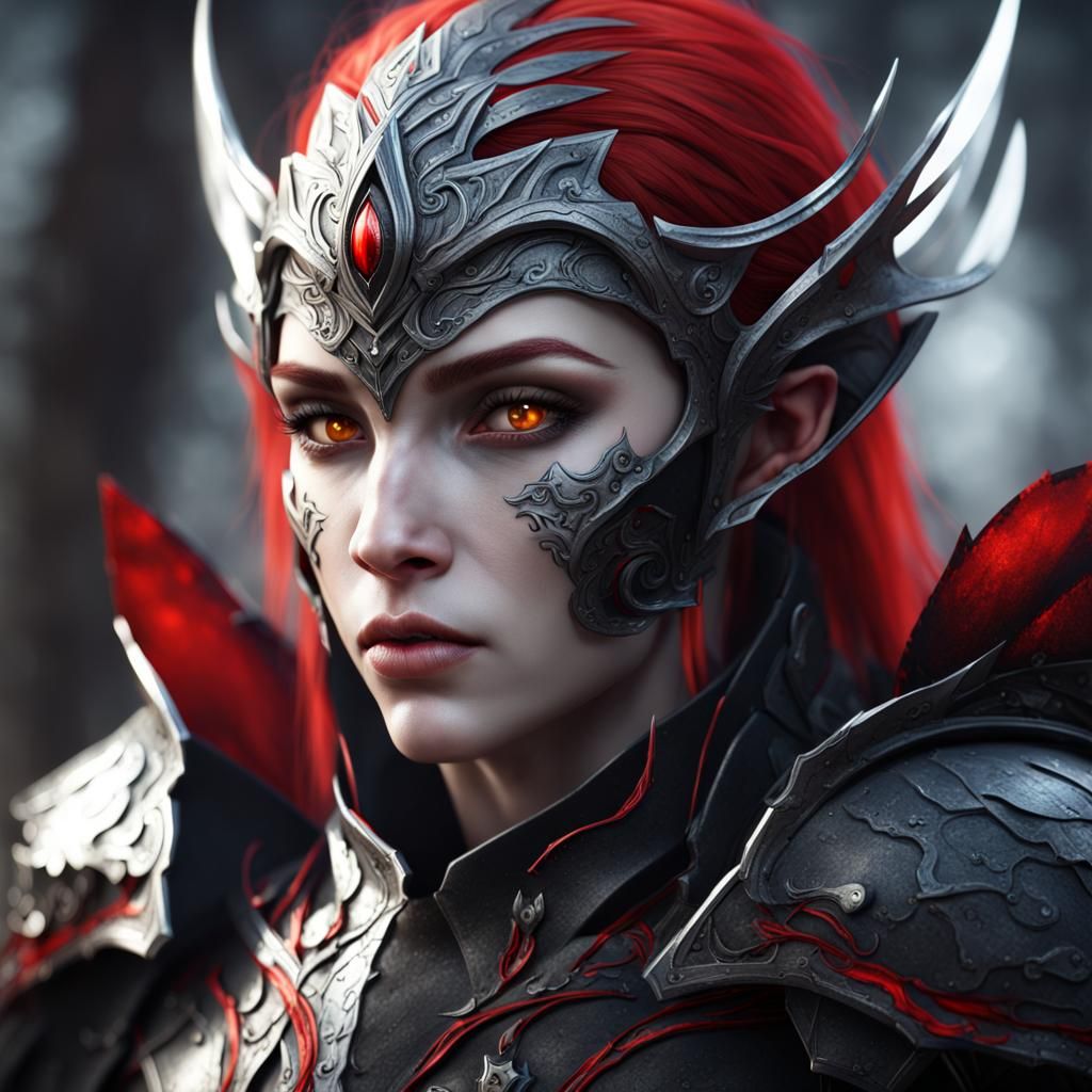 Elf in Black Armor with Red Eyes