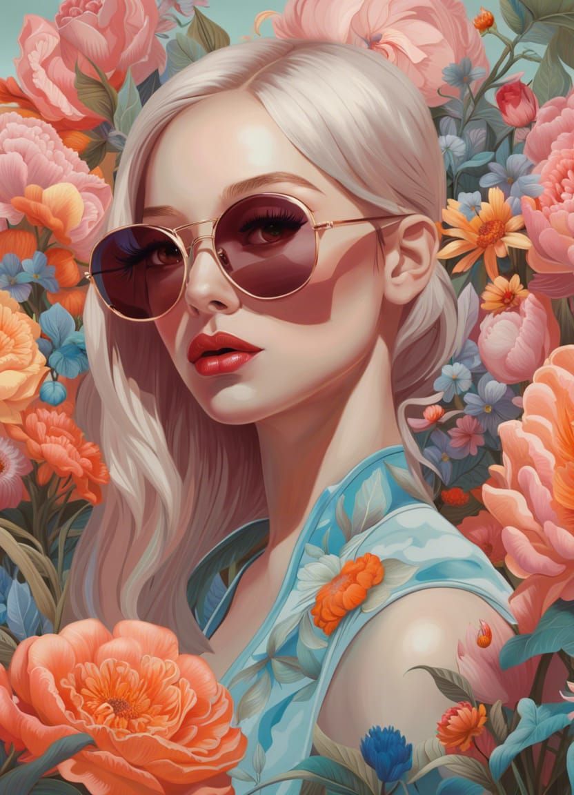 Woman with Sunglasses and Flowers, Photorealistic Portrait