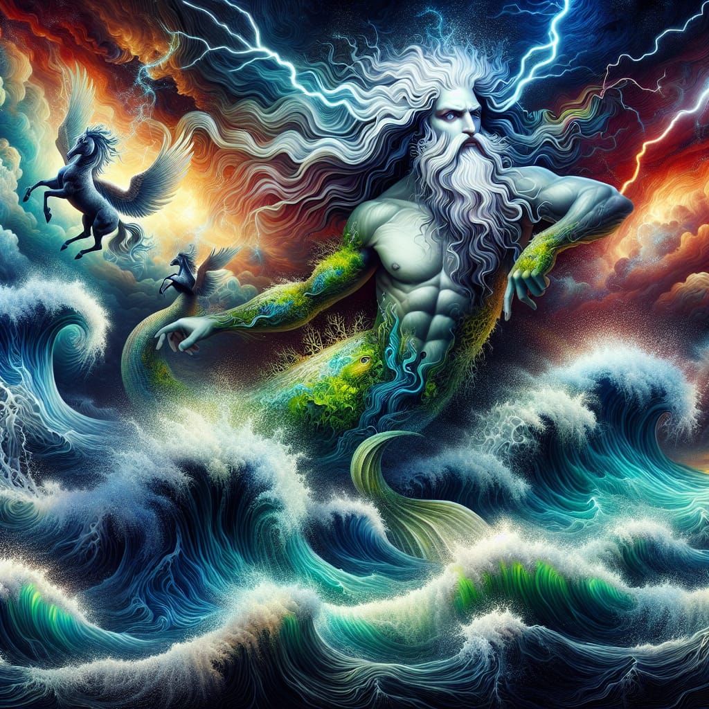 Poseidon Merman and Pegasus in Ocean Storm