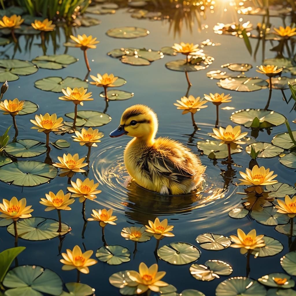 Adorable Chibi Duckling in Sunset Pond, Alcohol Ink Art
