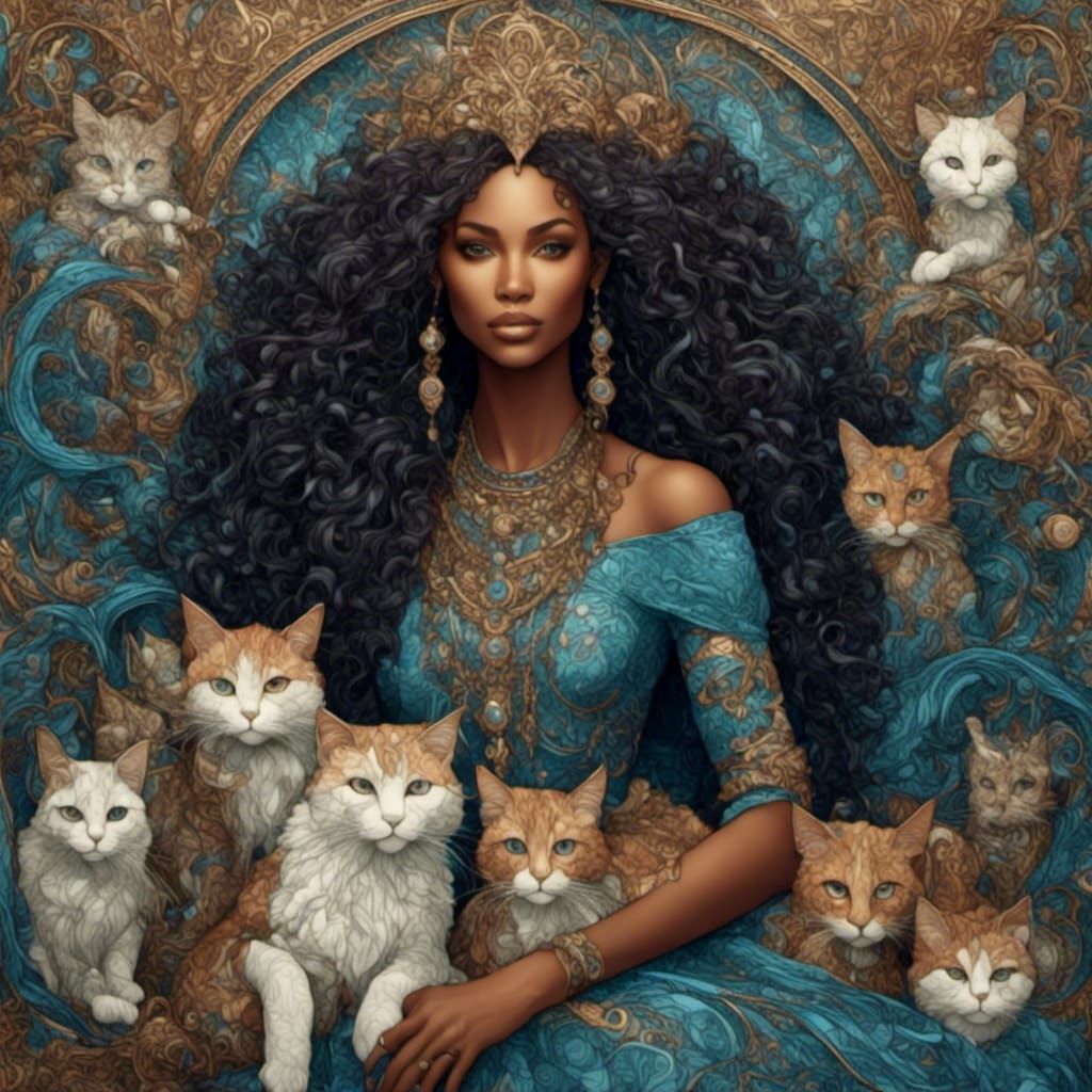 African Woman with Cats in Color Pop Style