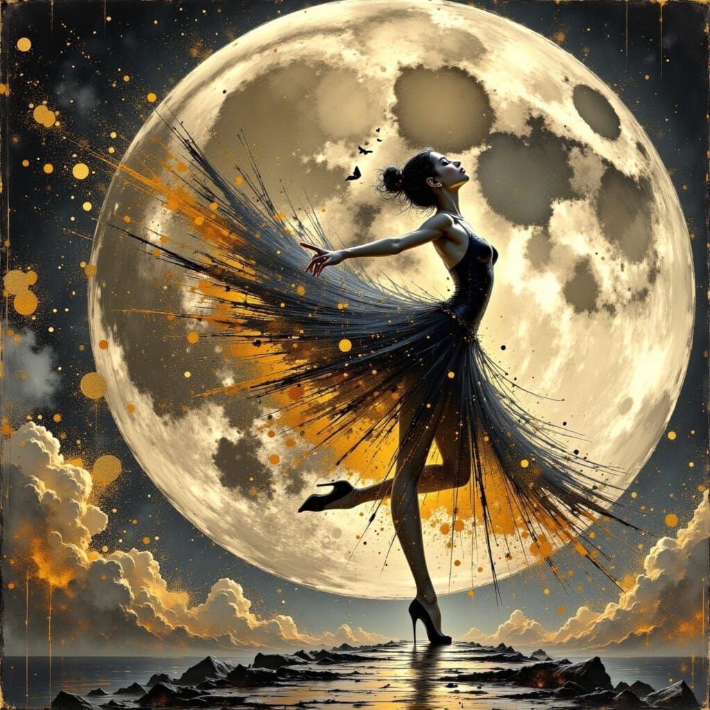 Exotic Ballerina Dances Under Ancient Golden Moon