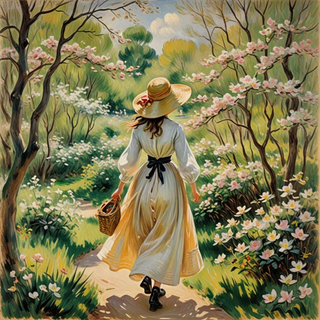 Impressionist Blooming Garden Scene with Dogwood Blossoms an...