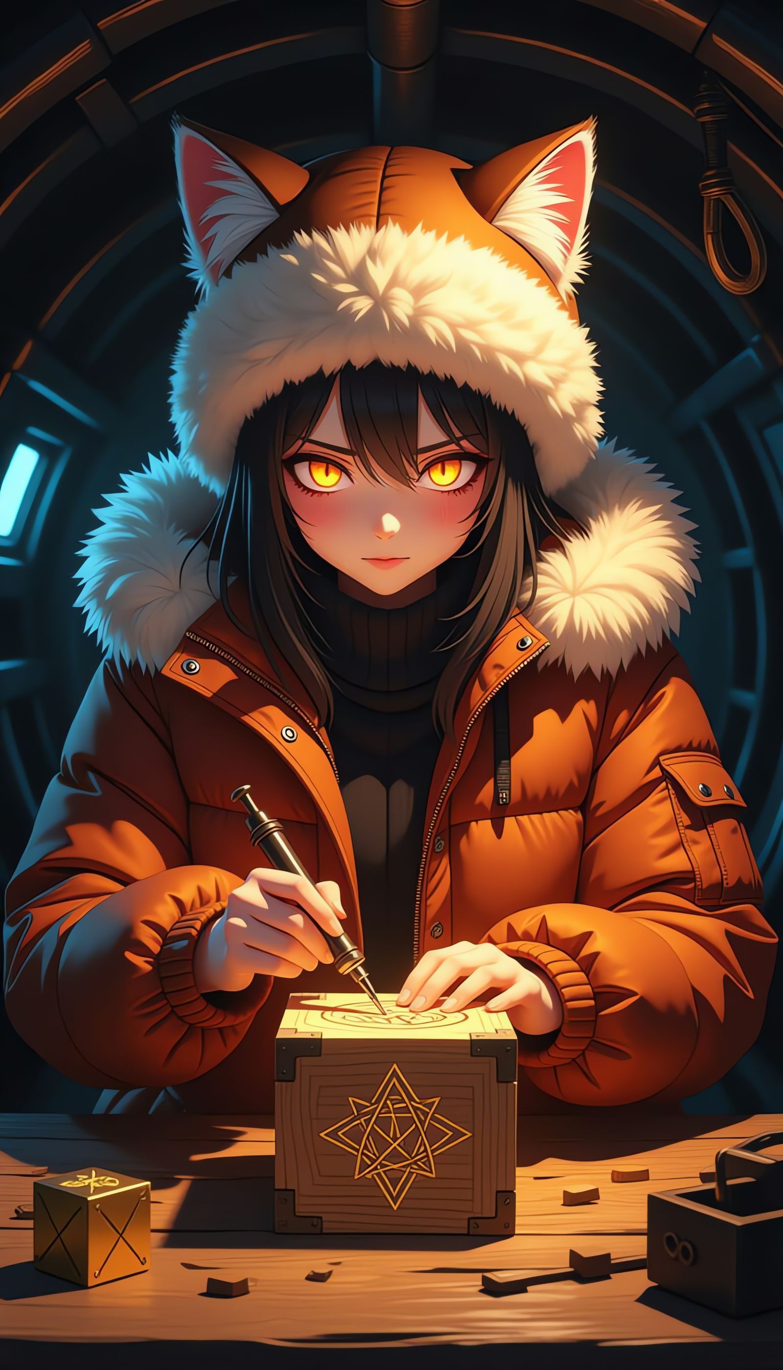 Anime Girl Carving Runes in Metal Bunker