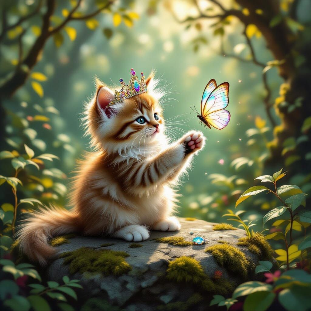 Fluffy Kitten with Crown in Dreamlike Forest