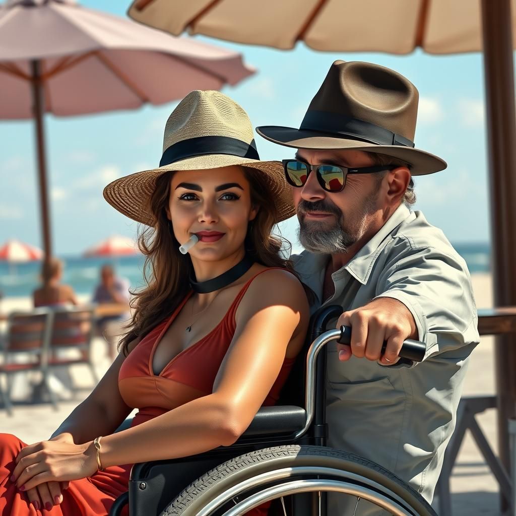 A woman with a tracheostomy in a wheelchair has a stylish mo...