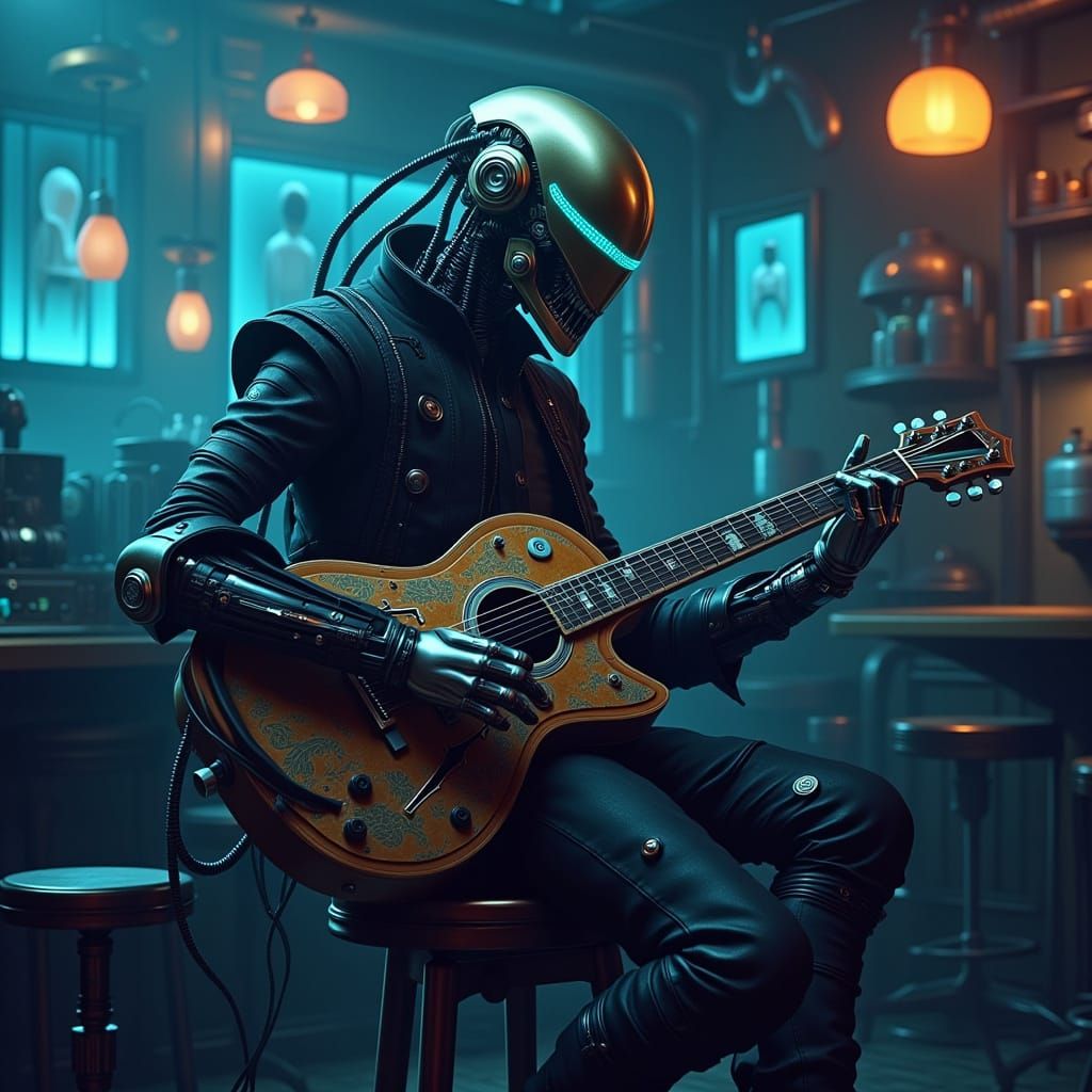 Futuristic Robot Shredder in a Smoky Blues Bar