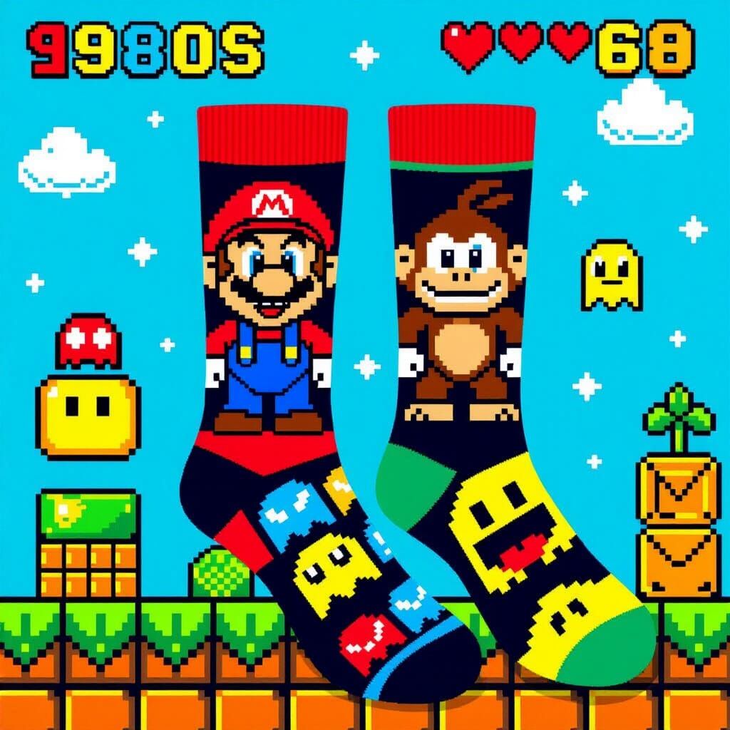Retro Pixel Art Socks with 80s Game Characters