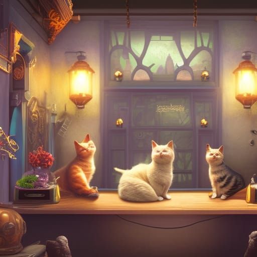 Detailed Cat Cafe Matte Painting in Deep Color