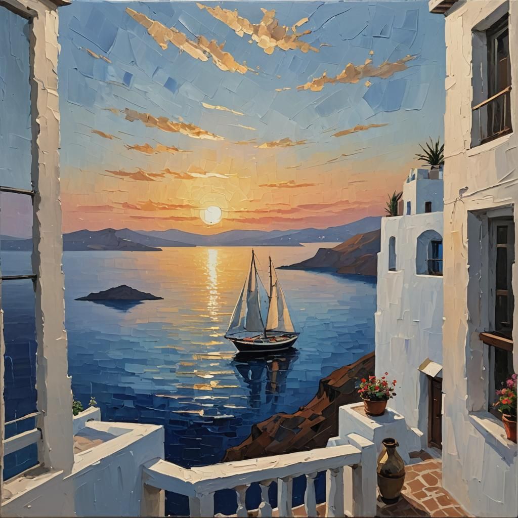 Santorini Sunset: Minimalist Impasto Oil Painting
