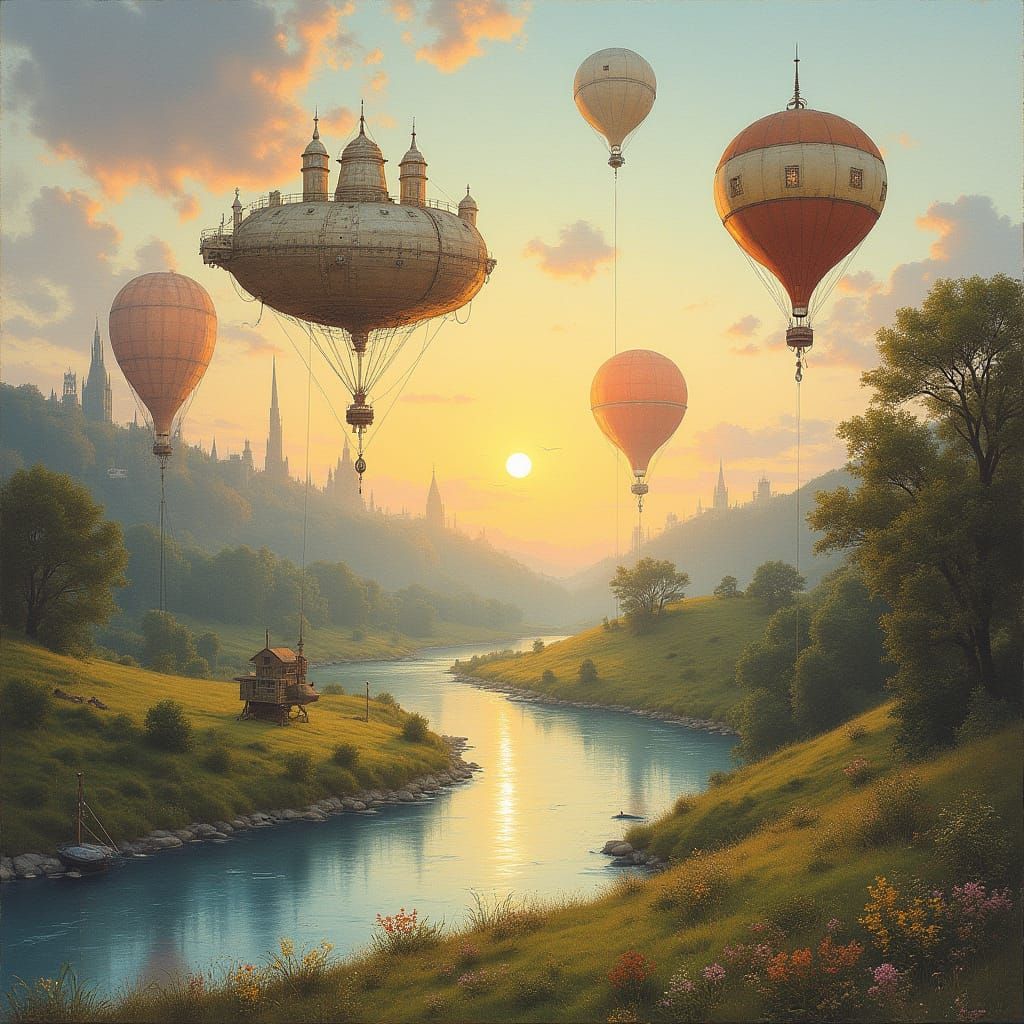 Steampunk Landscape with Whimsical Automatons and Airships