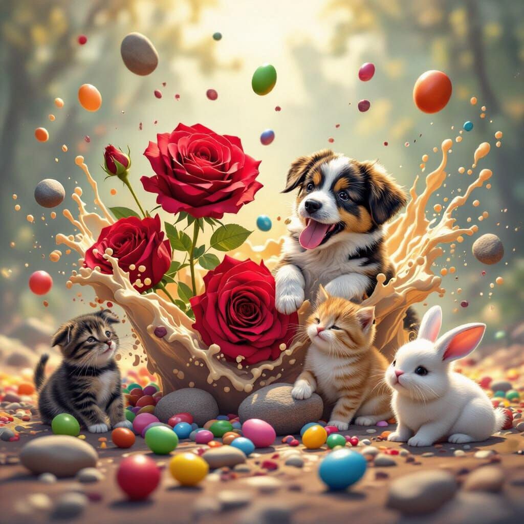 Vibrant Splash Art of Roses, Animals, and Candies