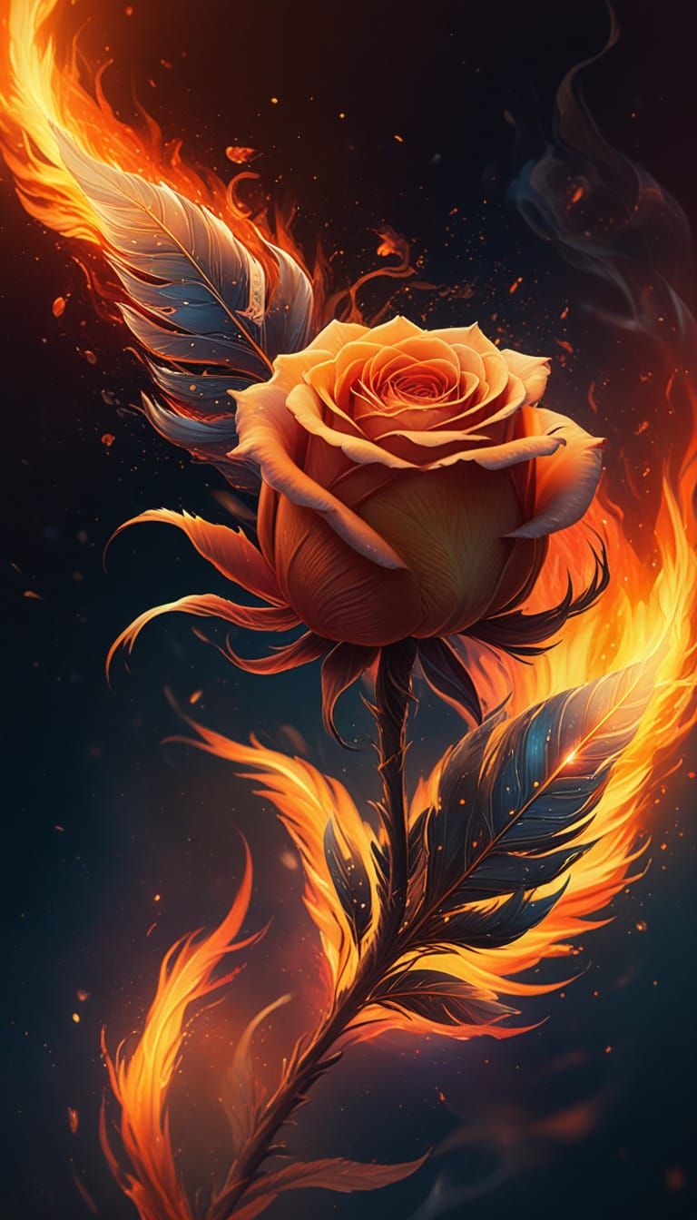 Iridescent Feather Ablaze with Phoenix Fire in Cosmic Void