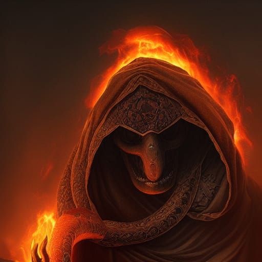 Hooded Figure Surrounded by Demons in Digital Painting