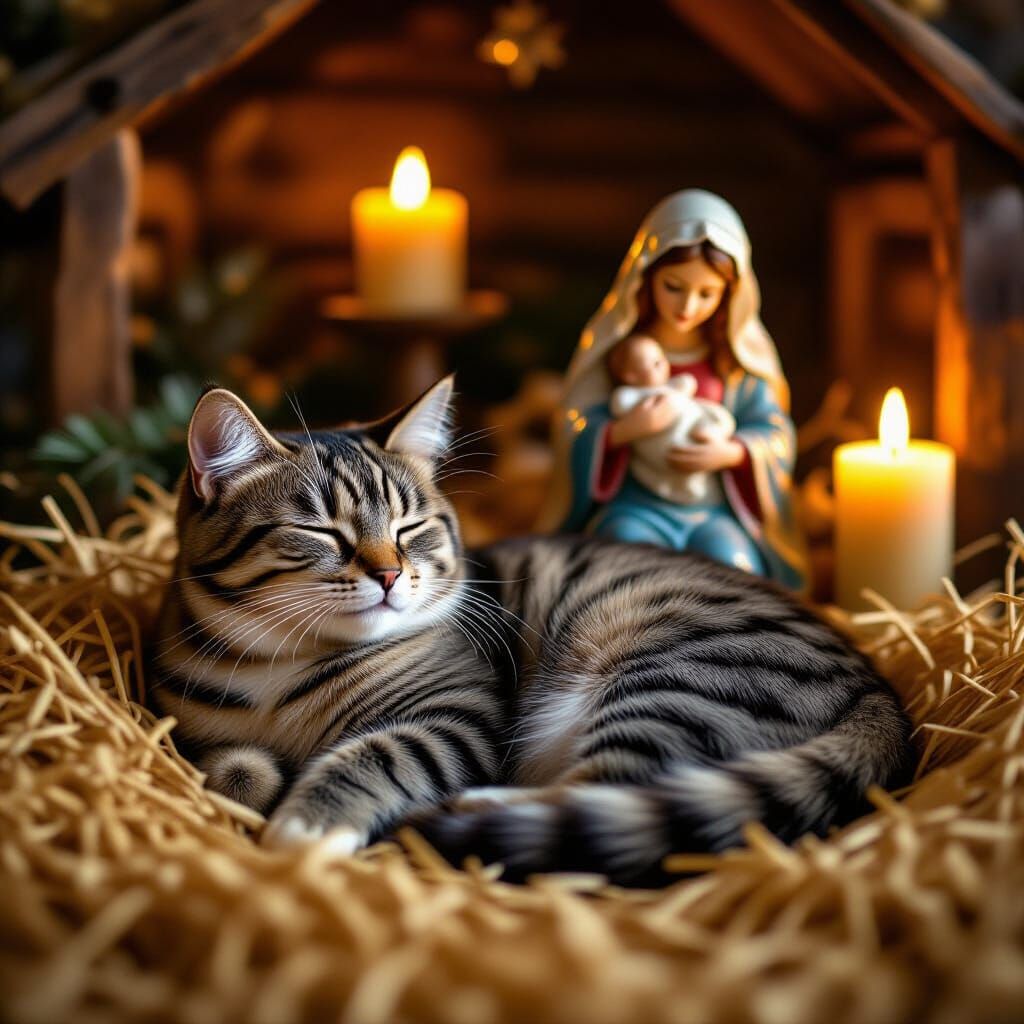 Grey Tabby Cat Naps in Nativity Scene