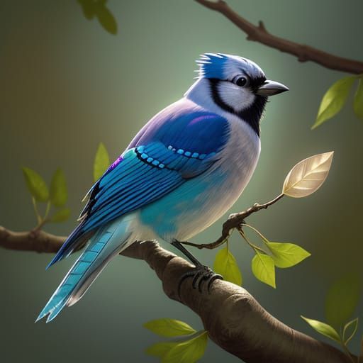 Blue Jay with Bioluminescent Feathers, Art Nouveau Style