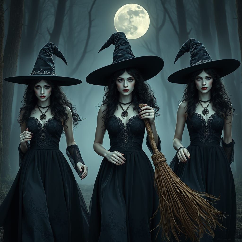 Witches Walk Under the Moonlit Forest