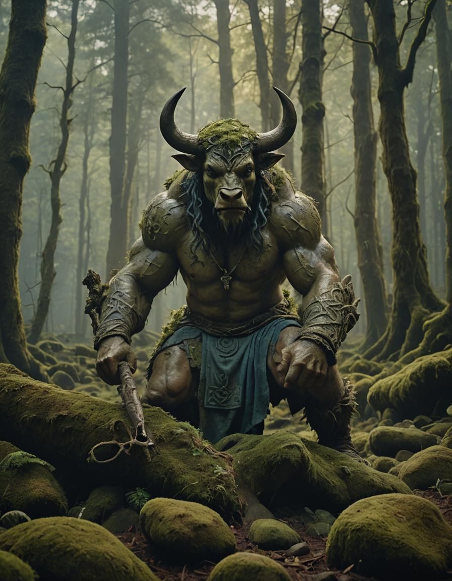Minotaur Conservationist in Mystic Forest: Fantasy Realism