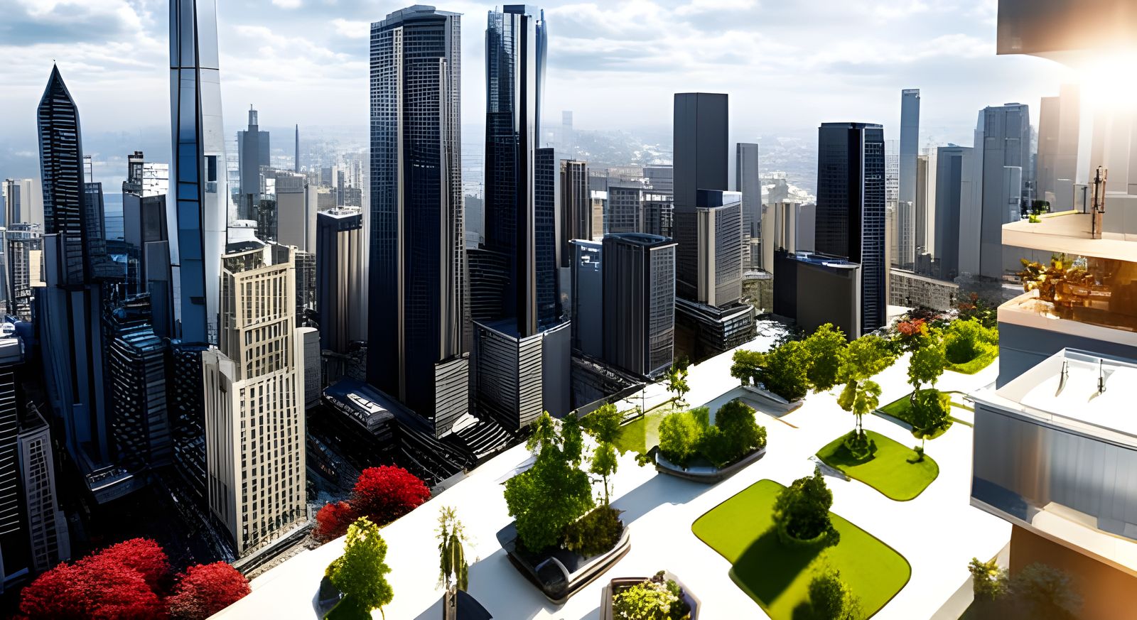 Modern City View with Contrasting Red Tree
