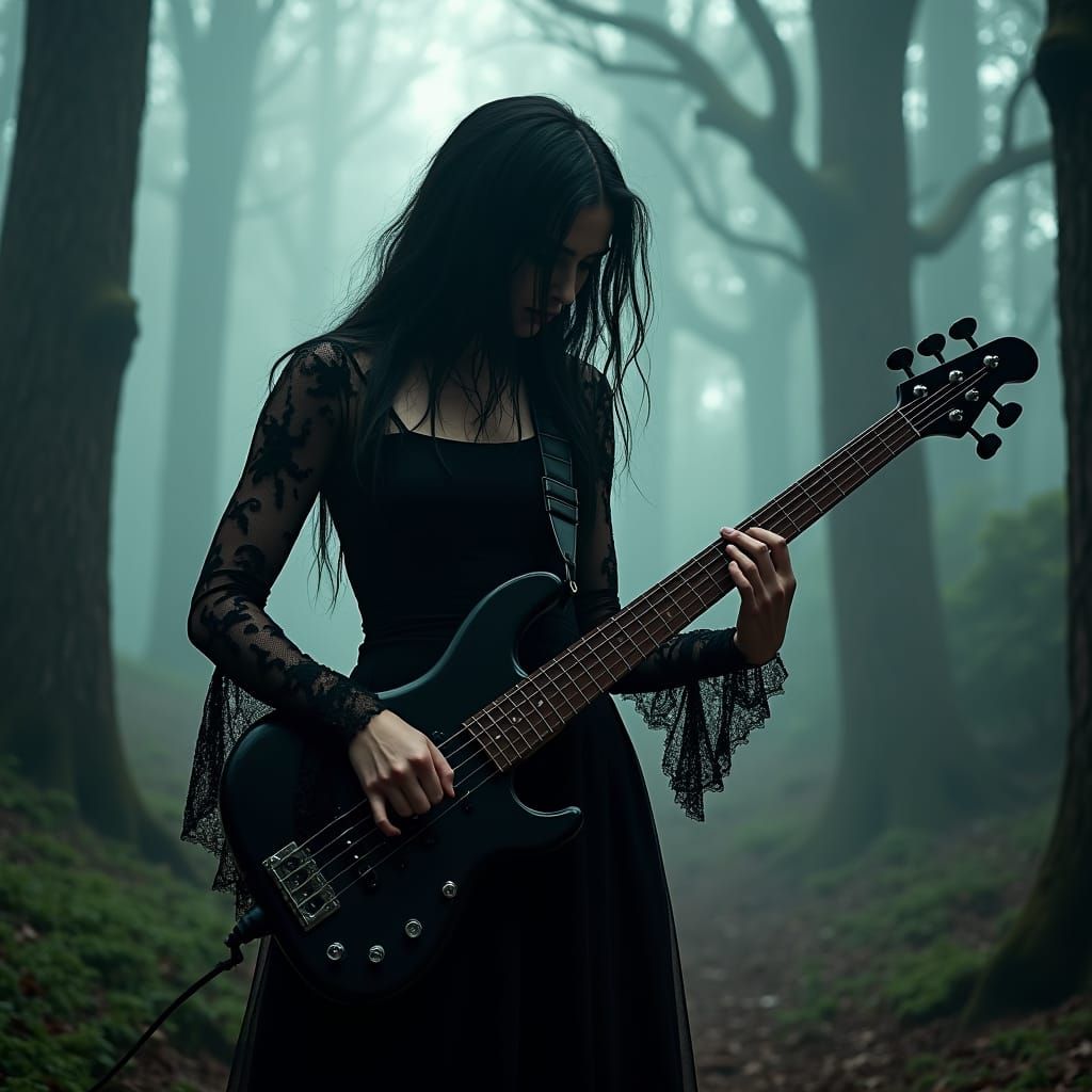 Mysterious Woman Plays Bass in Misty Forest