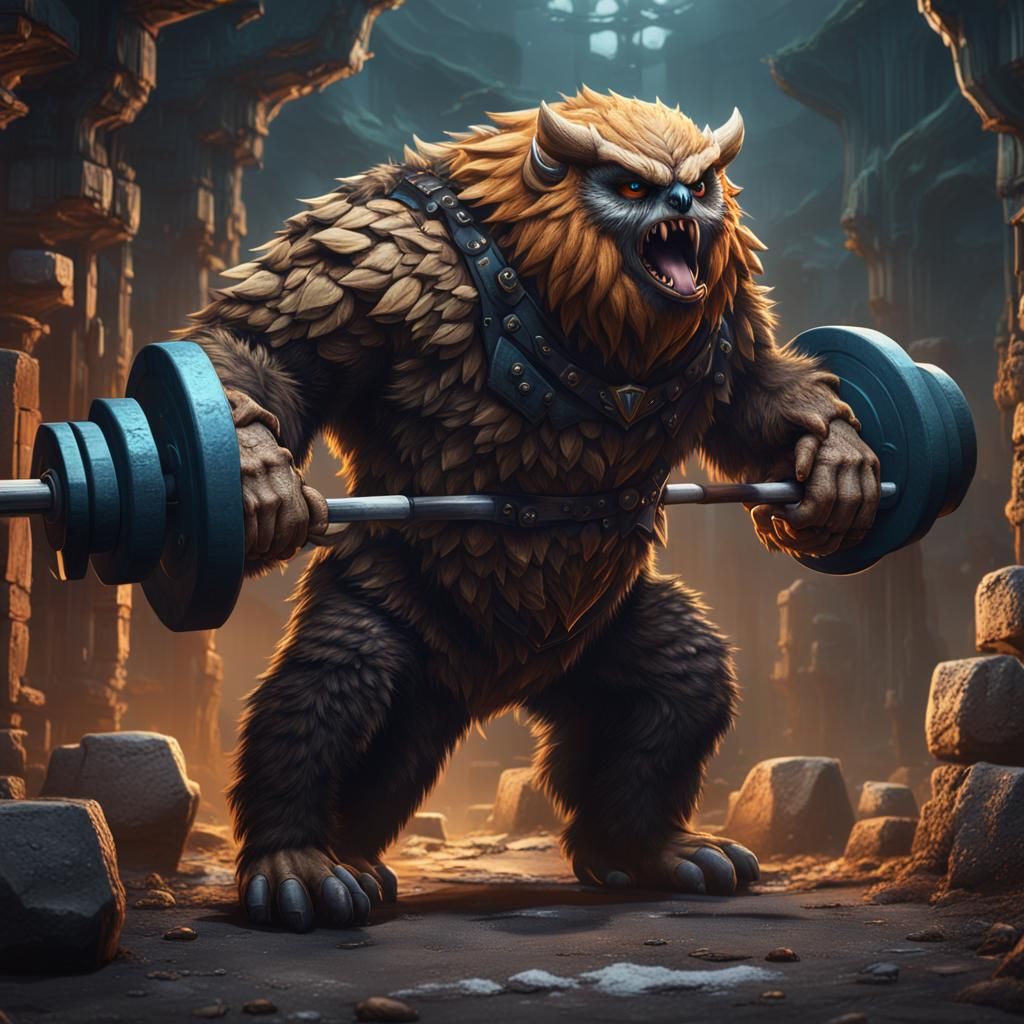 Weight Lifting Owlbear in Detailed Digital Painting