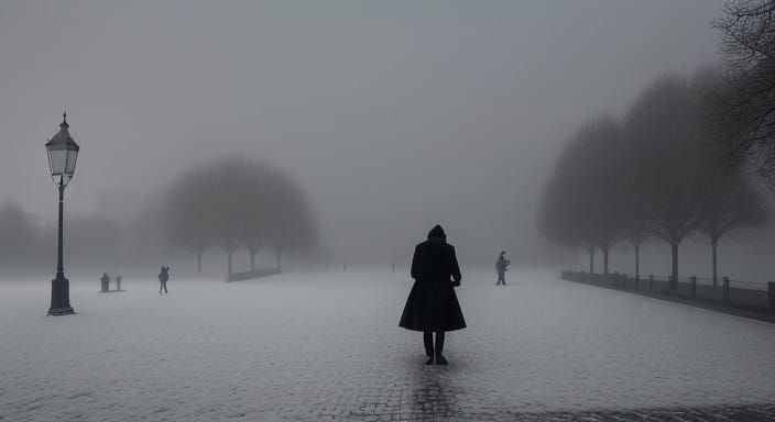 Monochrome London Winter Scene with Swirling Fog and Solitar...