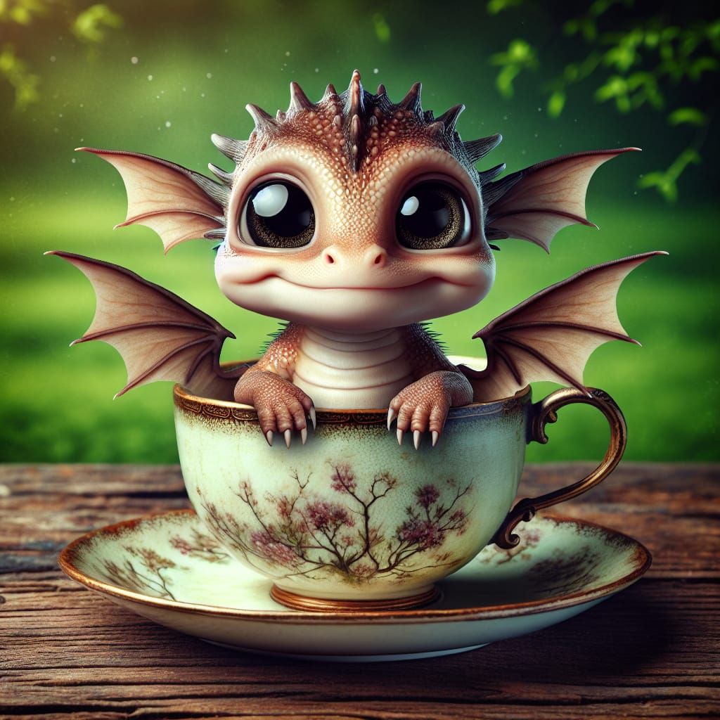 Cute Baby Nature Dragon in Teacup