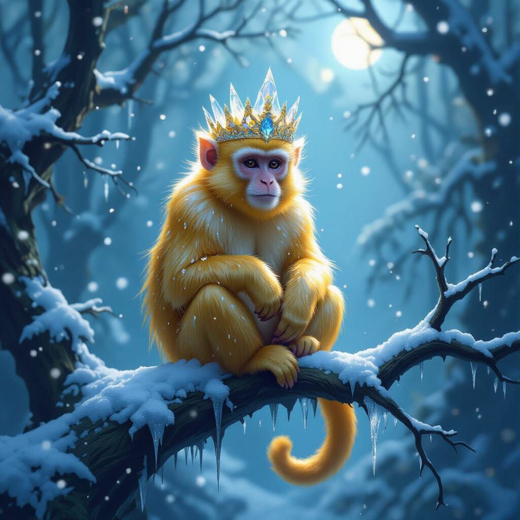 Golden Monkey in Snowy Forest with Ice Crown