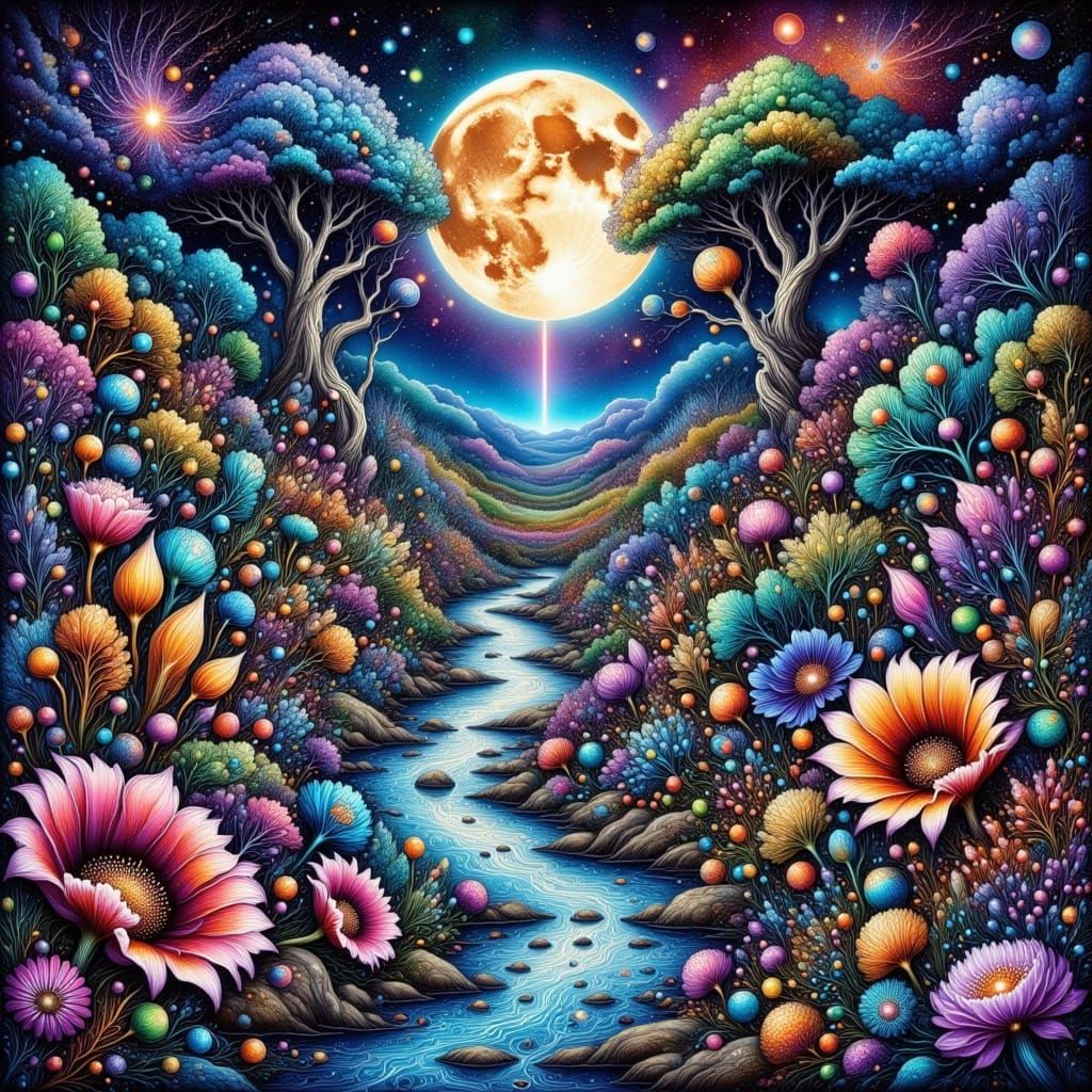 Surreal Botanical Wonderland Under Starry Night Sky