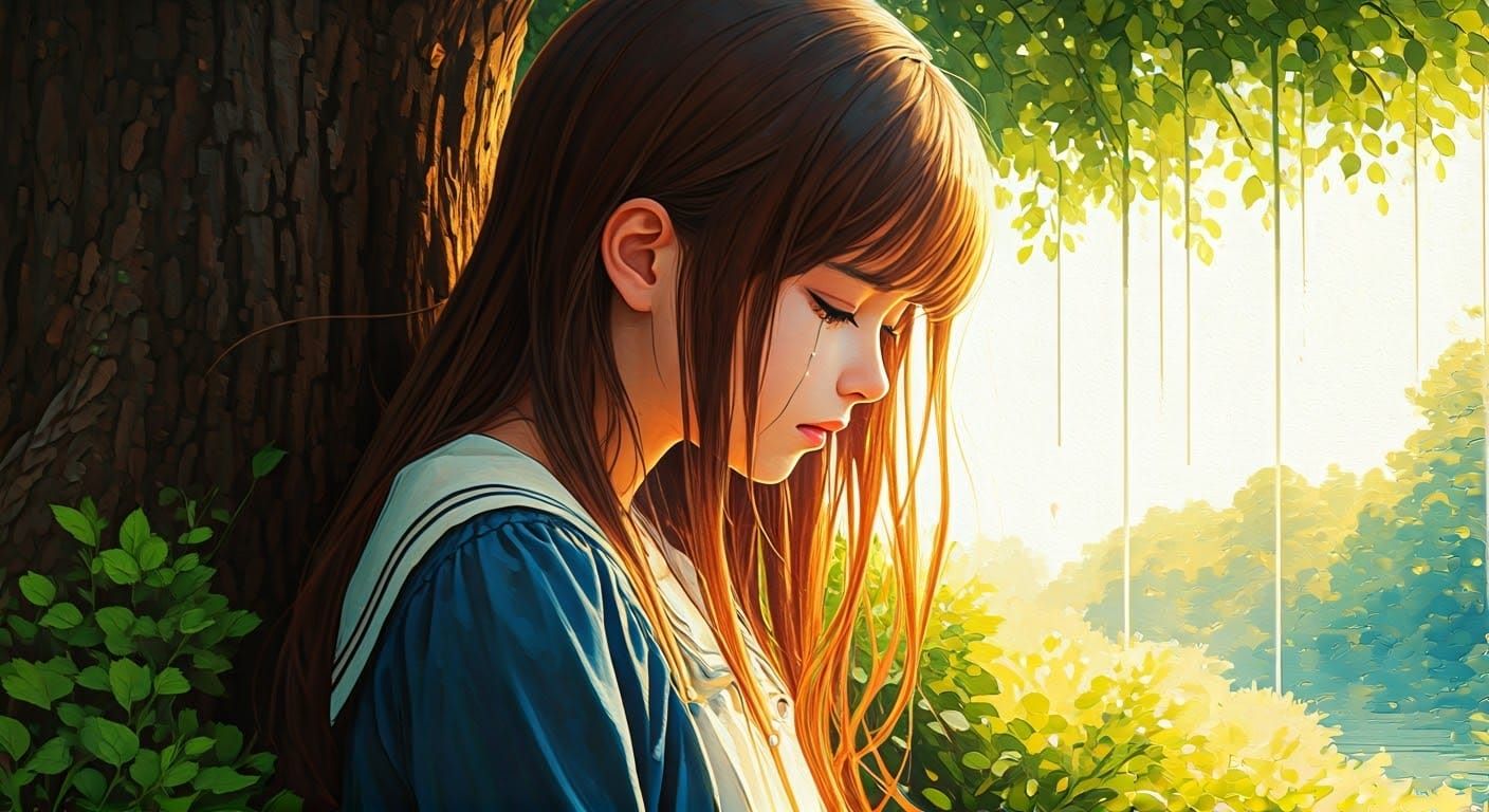 Anime Girl Crying Under Tree, Watercolor Impasto Style