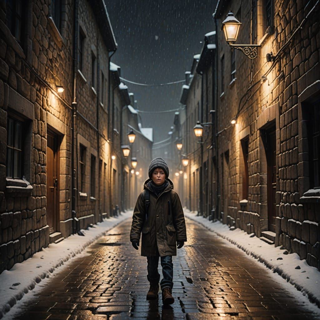 Boy's Melancholic Winter Walk on Snowy Cobblestone Street