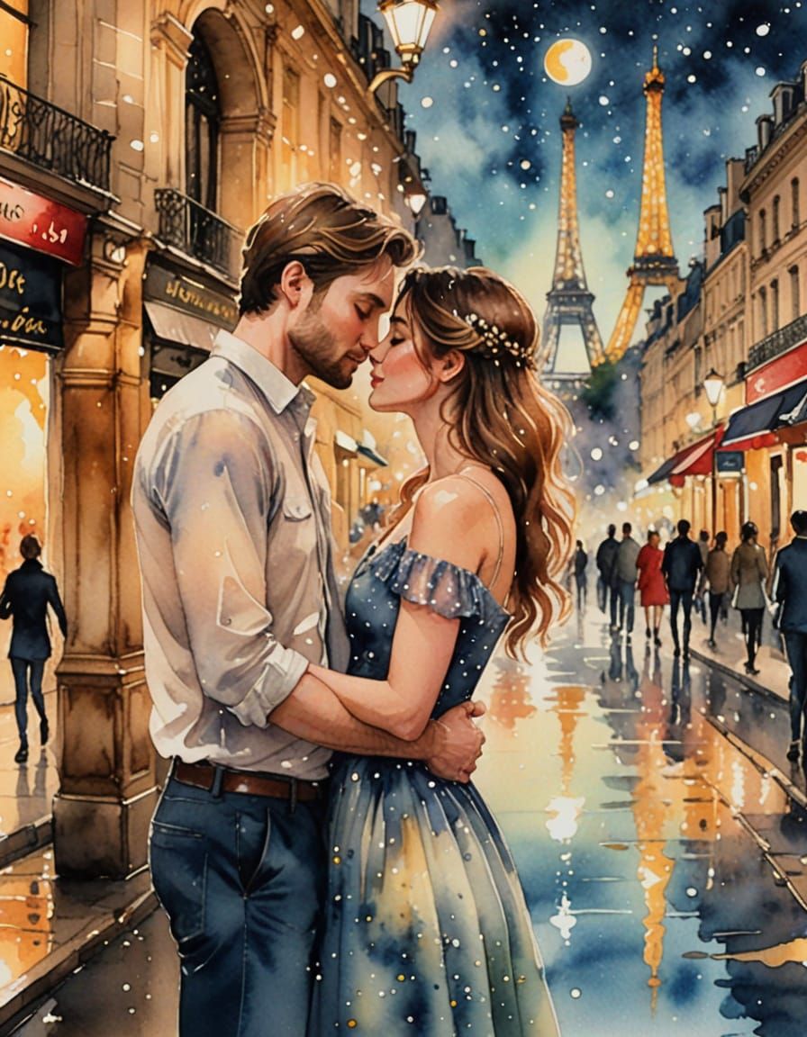Romantic Paris Kiss: Impressionist Watercolor Painting