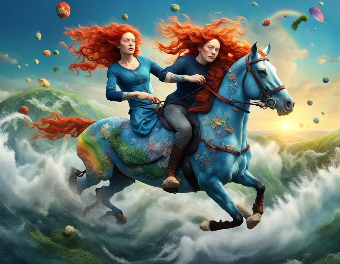 Woman Rides Horse with Watches, Van Gogh Style