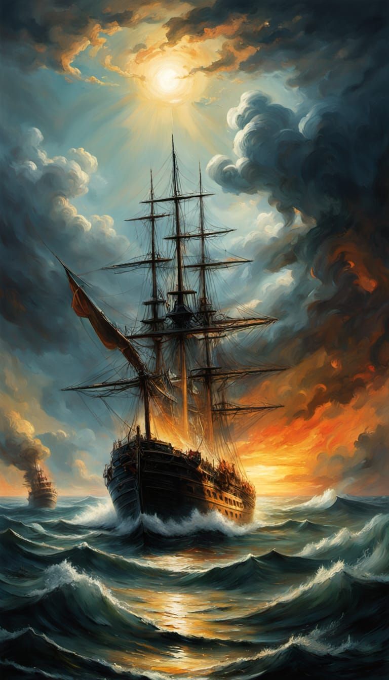 Dramatic 18th Century Naval Battle at Sunset in Oil Painting...