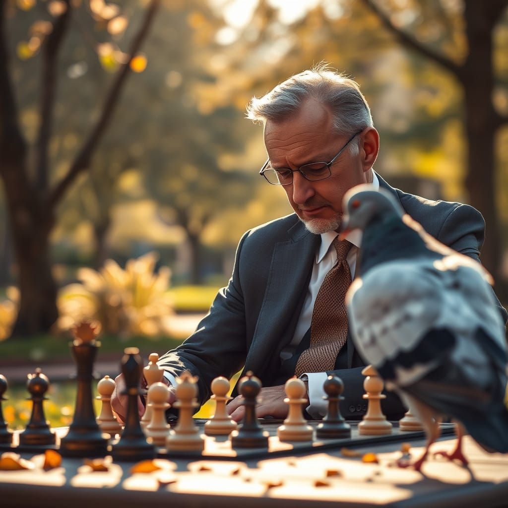 Dapper Gentleman Engages Pigeon in Chess Match