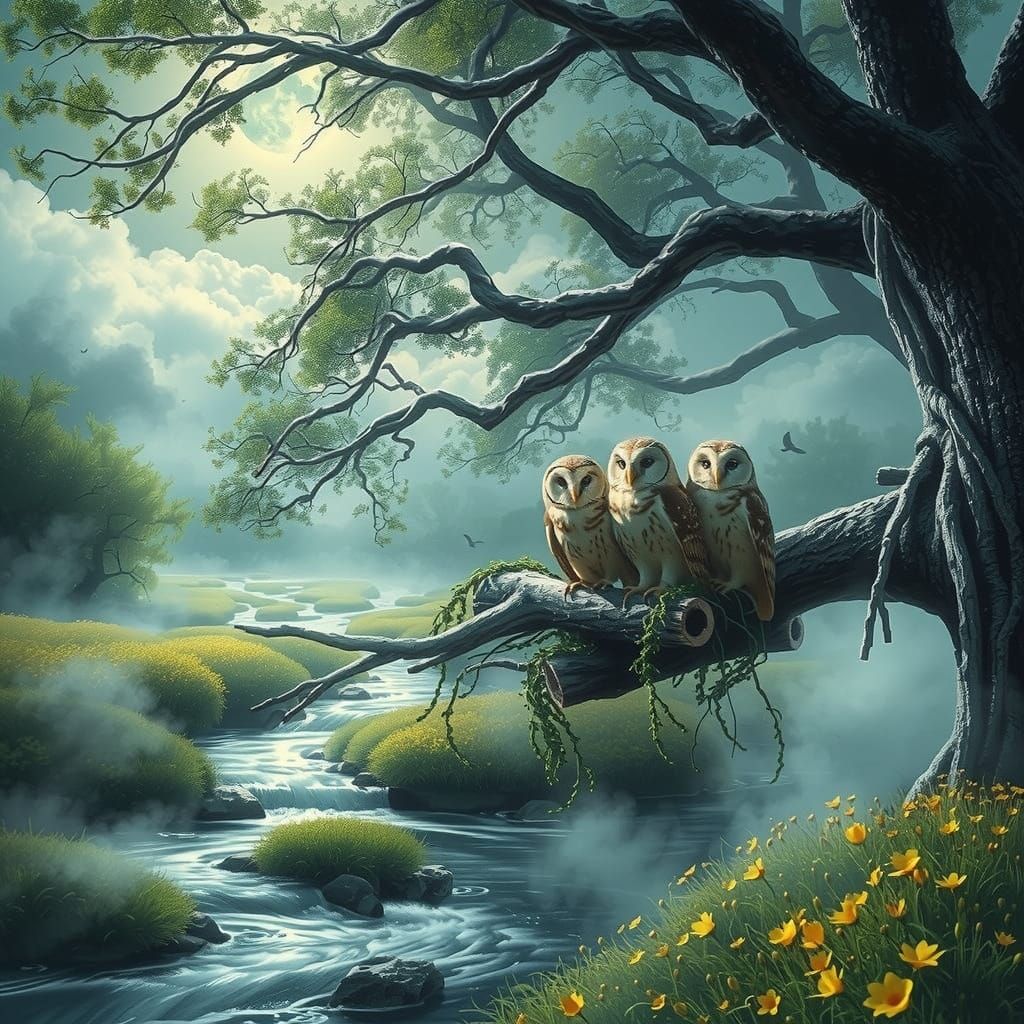 Owls in Vibrant Spring Scene, under Soft Moonlight