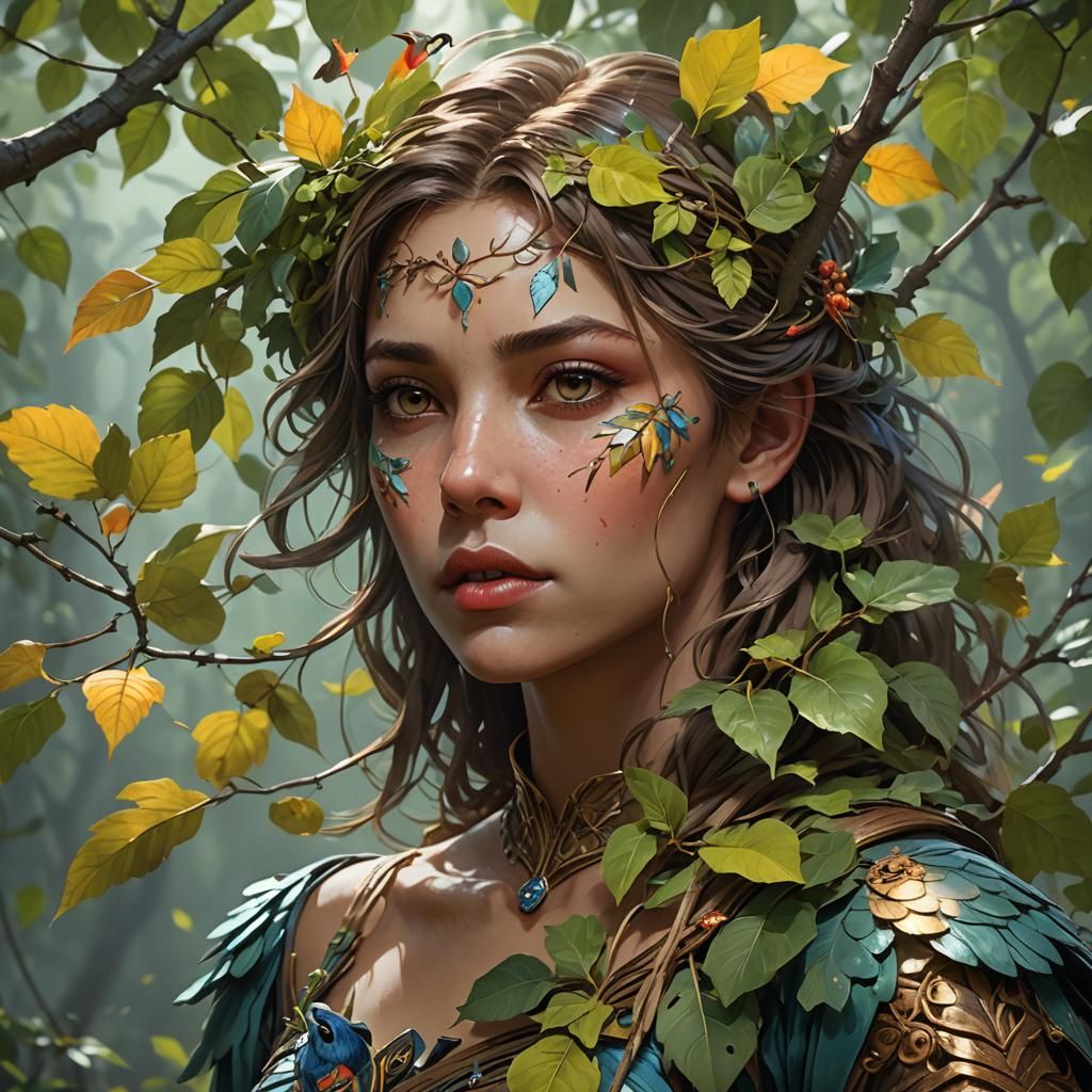 Detailed Portrait: Woman with Bird and Branch