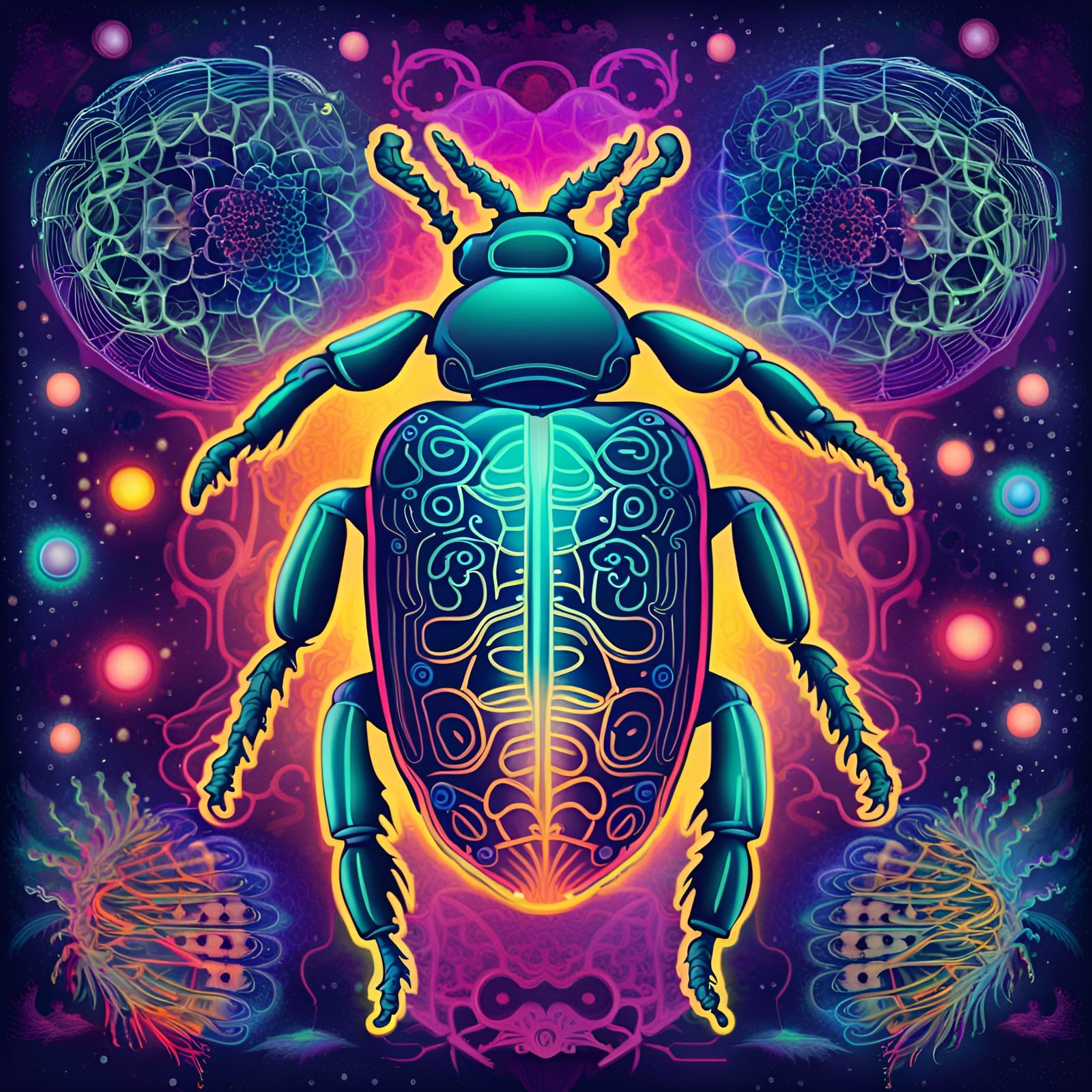 Neon Space Retro, Happy Beetles, Intricate Fibonacci Pattern...