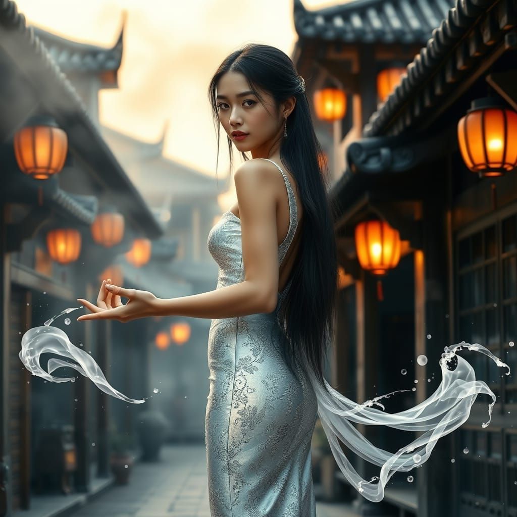 Taiwanese Woman in Silver Gown with Watercolor Effects
